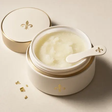 An open jar of pale cleansing balm with a small spatula.