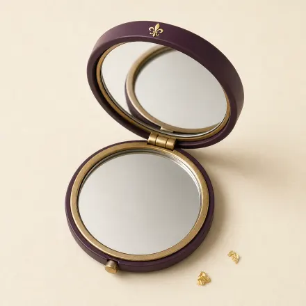 A round folding pocket mirror, opened.