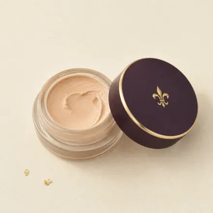 A tiny open pot of thick beige cream concealer.