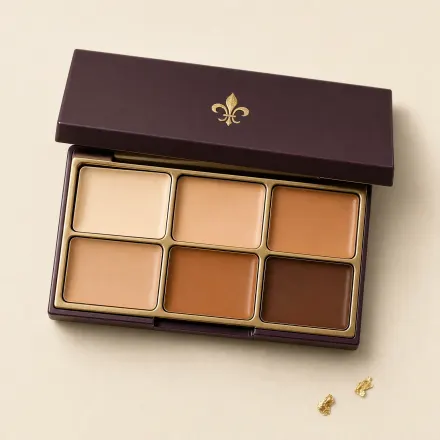 An open palette of six cream concealers from ivory to deep brown.