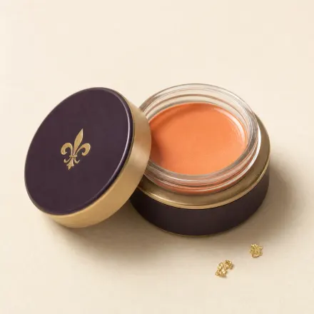 A tiny open pot of peach colour corrector.