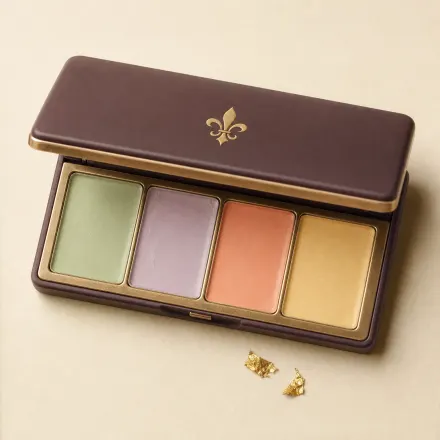 An open palette of green, lavender, peach and yellow colour correctors.