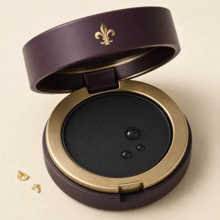 An open small compact of black cake eyeliner beaded with water.