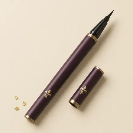 A slim felt-tip eyeliner pen with its cap beside it.
