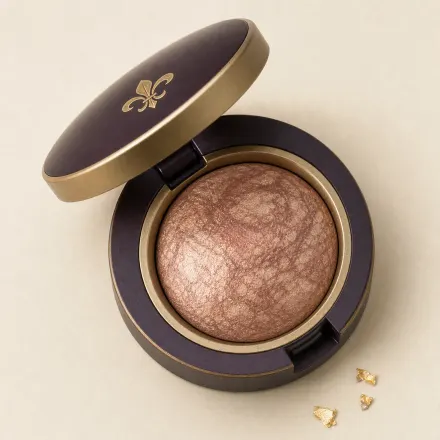 An open small compact of domed rose-gold baked eyeshadow.