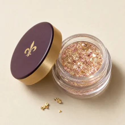 A tiny open pot of gold and pink glitter gel.