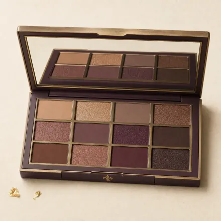 An open twelve-pan palette of neutral and berry eyeshadows.