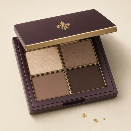 An open square compact of four taupe eyeshadows.