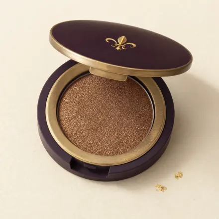 An open single-pan compact of shimmering bronze eyeshadow.