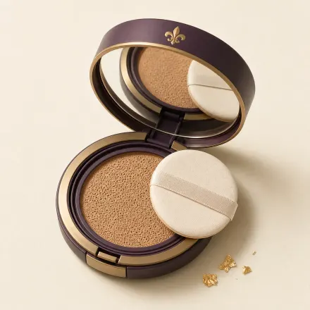 An open cushion compact with a foundation-soaked sponge and a round puff.