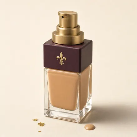 A square glass pump bottle of beige liquid foundation with a drop beside it.