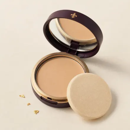 An open round compact of pressed beige powder foundation with a flat sponge.