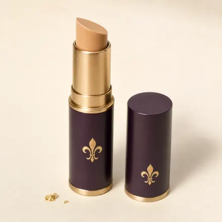 An uncapped twist-up stick of beige foundation.