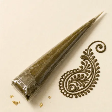 A cellophane henna cone beside a piped swirl of henna paste.