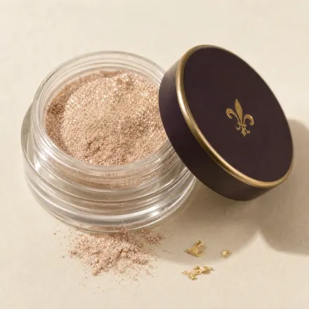 A tiny open jar of loose champagne shimmer with a little spilled beside it.