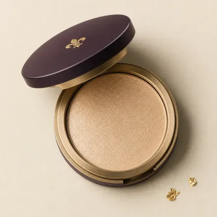 An open compact of pearly champagne pressed highlighter.