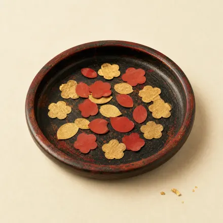 A lacquered dish of tiny gold-foil and red-paper forehead ornaments.