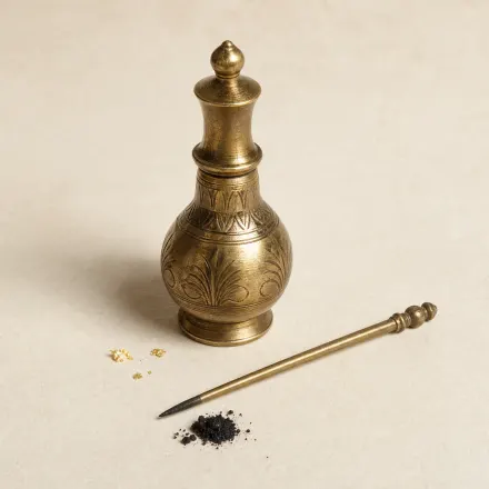 A small engraved brass kohl vessel with its slim applicator rod laid beside it.