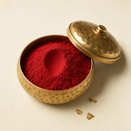 A small brass dish heaped with deep red kumkum powder.