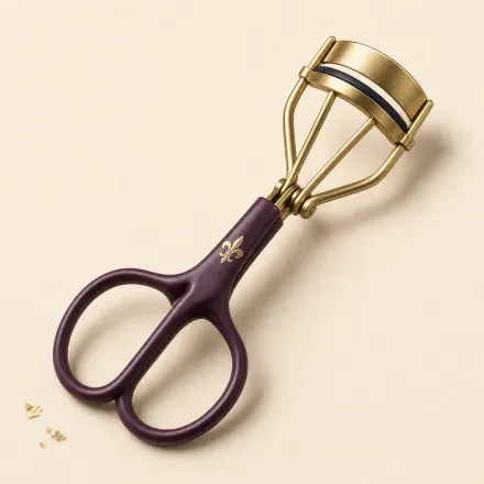 A metal eyelash curler with scissor finger loops.
