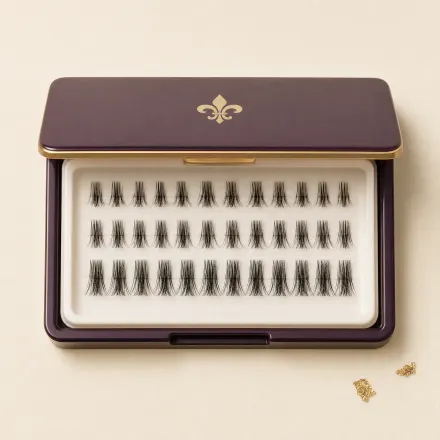 A tray of black false-lash clusters in graded lengths.