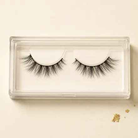 A clear tray holding a pair of wispy black strip lashes.
