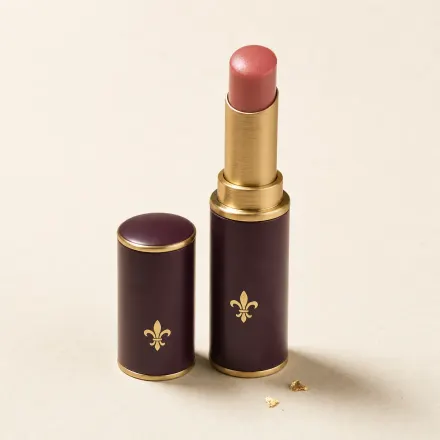 An uncapped slim stick of rosy tinted lip balm.