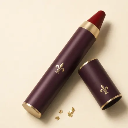 An uncapped chubby lip crayon with a velvety deep red tip.