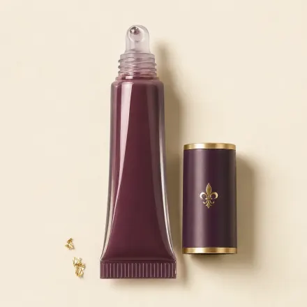A squeeze tube of clear lip gloss with a glossy bead at its slanted tip.