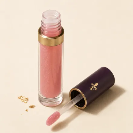 A clear tube of sheer pink lip gloss with its wand beside it.