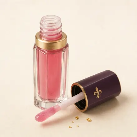 A faceted glass bottle of pink lip oil with its wand beside it.