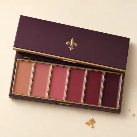 An open palette of six cream lip colours from nude to berry.