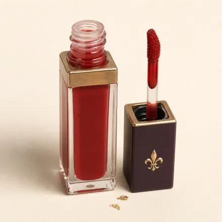 A small square bottle of cherry-red lip tint with its wand beside it.
