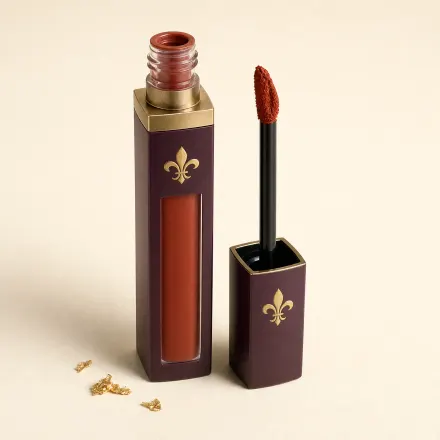 A tube of brick red liquid lipstick with its wand beside it.