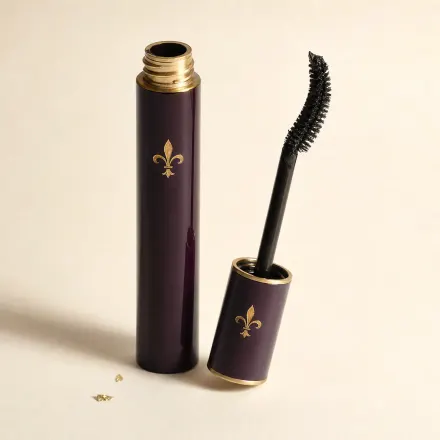 A mascara tube with its curved brush laid beside it.