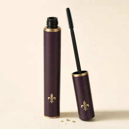 A slim mascara tube with its thin comb-like brush laid beside it.