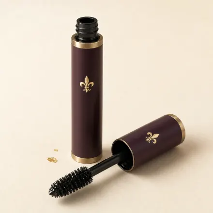 A mascara tube with its full, dense brush laid beside it.