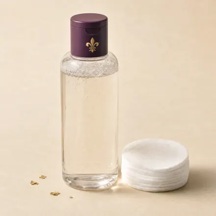 A clear bottle of micellar water beside a stack of cotton pads.