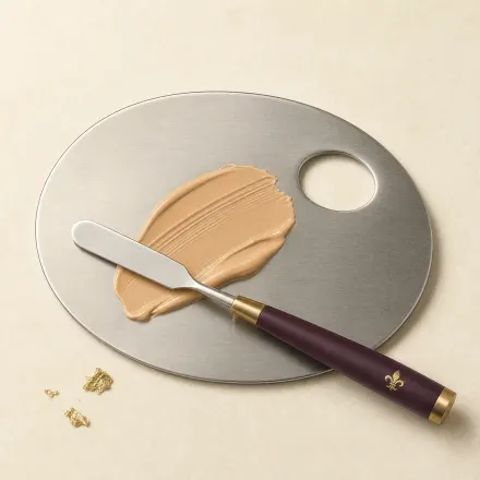 A steel mixing palette with a spatula and a smear of foundation.