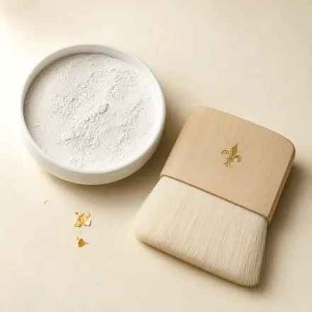 A porcelain dish of white oshiroi paste beside a broad flat brush.