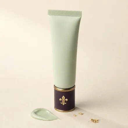 A squeeze tube of mint-green primer beside a dab of green cream.
