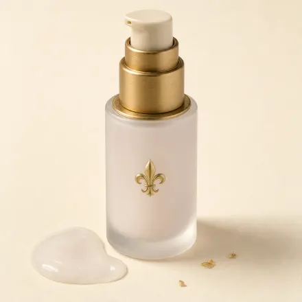 A frosted pump bottle of primer beside a small pool of milky gel.