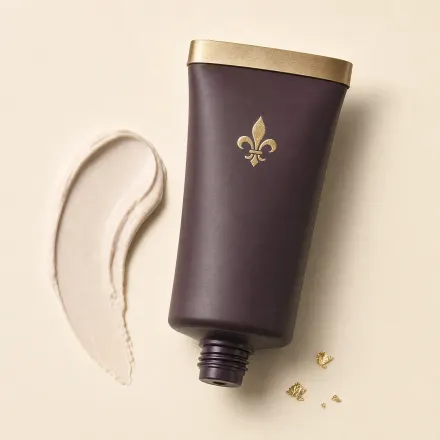 A squeeze tube of mattifying primer lying beside a smear of pale cream.