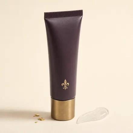 A plain squeeze tube of face primer standing on its cap beside a dab of clear gel.