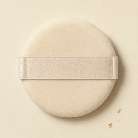 A small round cushion puff with a fabric strap.