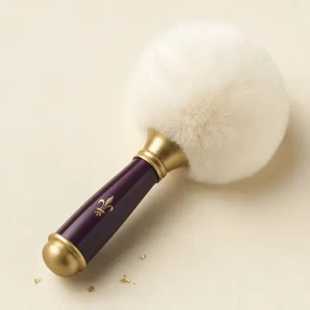 A fluffy white swansdown powder puff on a short handle.