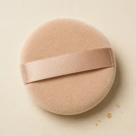 A round velour powder puff with a satin ribbon band.