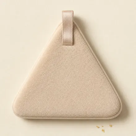 A triangular velour powder puff with a ribbon loop.