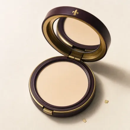 An open round compact of pressed pale powder.