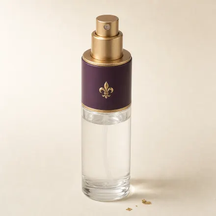A slim glass spray bottle of clear setting spray.